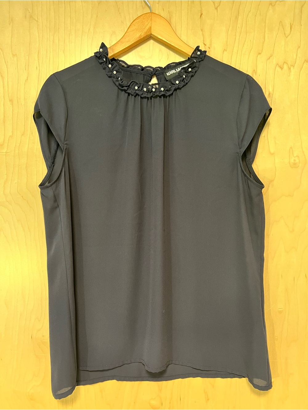 Pearl neckline Navy blouse